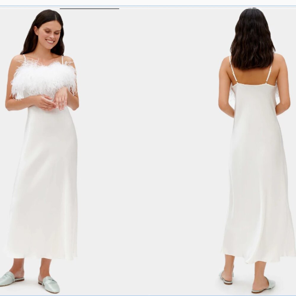 Sleeper Boheme Slip Dress with Feathers in White,